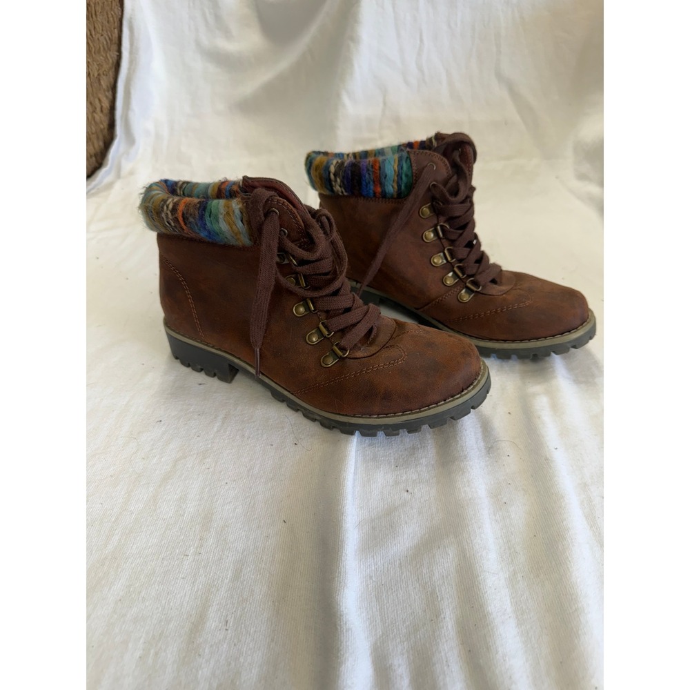 St Johns Bay Pickens Brown Lace Up Ankle Boots Knit Cuff Memory Foam 8M 100-1051